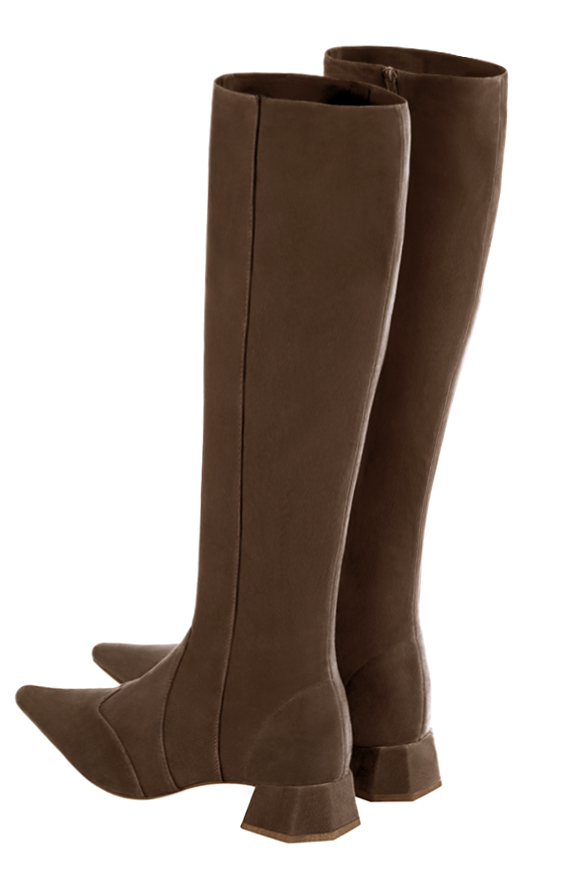 Custom-made women's chocolate brown elegant classic knee-high boots. Pointed toe. Low flare heels - Rear view
